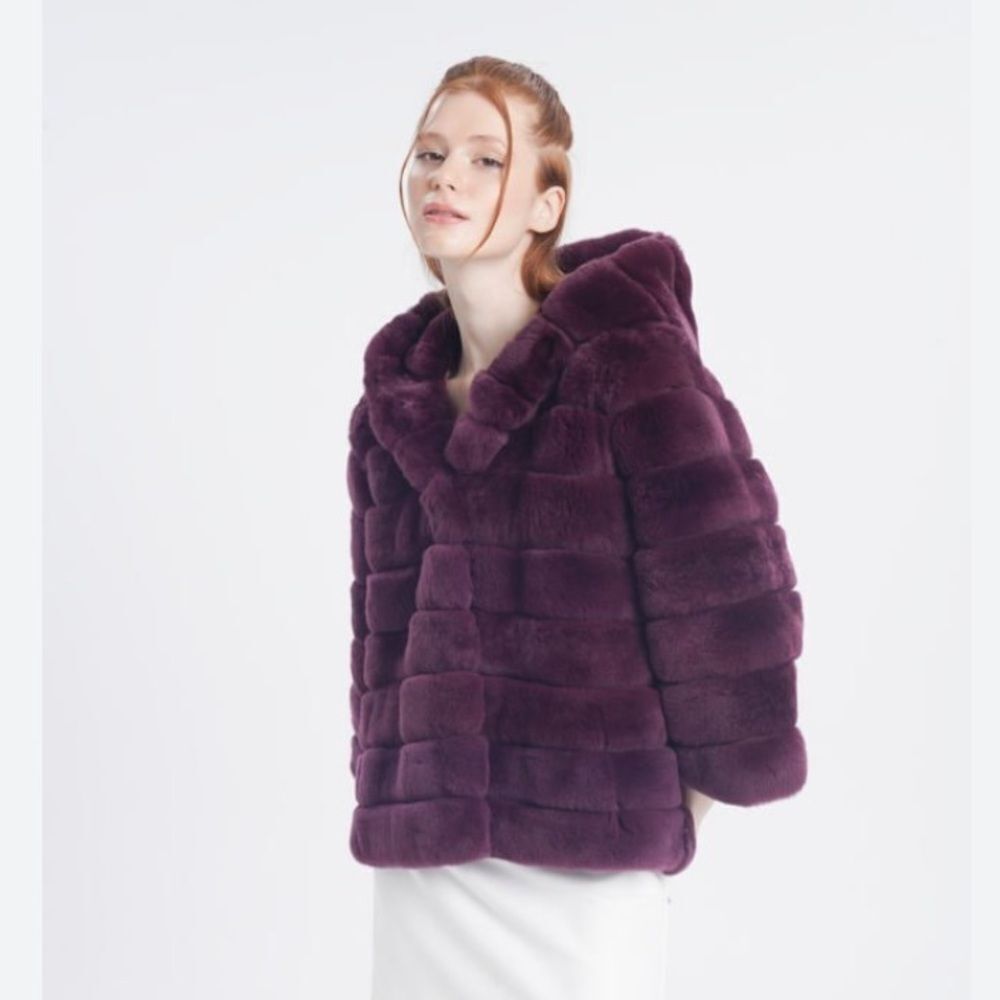 Luxe Velvet Hooded Fur Jacket - Burgundy size Small - Picture 2 of 7